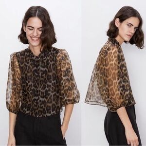 Zara Brown Black Leopard Print Sheer Blouse